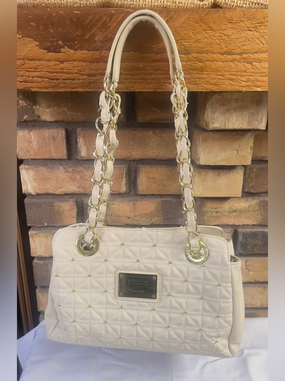 Nicole Quilted Cream Shoulder Bag with Gold Chain Straps
